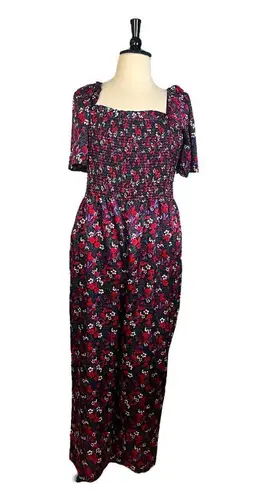 Draper James New Jumpsuit Smocked Square Neck Black Red Floral Women’s Size XXL