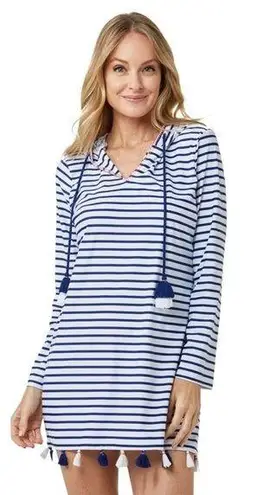 Cabana Life Navy Blue Stripe Hooded Cover Up Dress Top Tassel Womens Size Medium White
