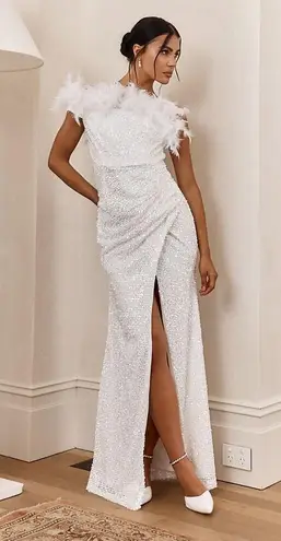 Selfie Leslie  FOR LOVERS FEATHER TRIM SEQUIN MAXI DRESS WHITE NWT