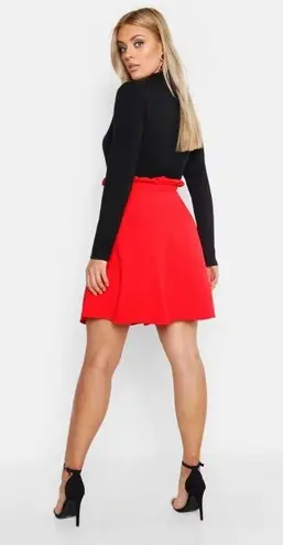 Boohoo  Paper Bag Skater Skirt Womens Size 16 Red High Waist Button Detail Flared