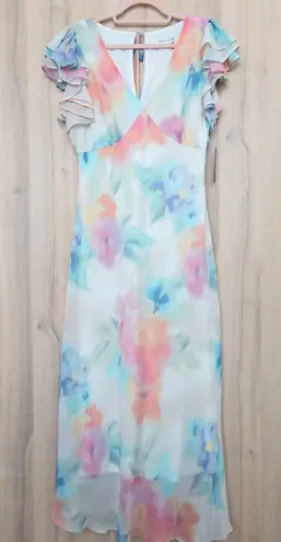 Taylor Womens Watercolor Midi Dress Size 12 Pastel Floral Ruffle Romantic Flowy White