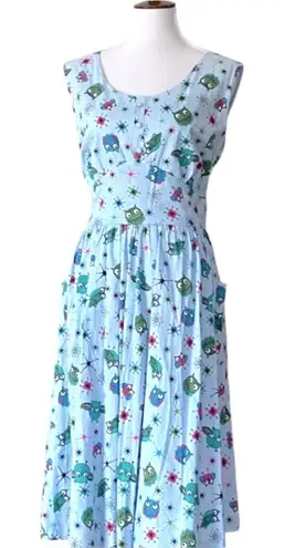 Lindy Bop UK 14 Dress Retro Plus 50s Pinup Cotton Stretch RARE Atomic Owls 40s Blue