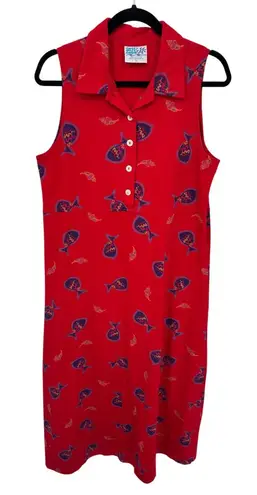 Vintage Zip Code Collared Maxi Dress Womens Large Red Cotton Fish Print Mexico