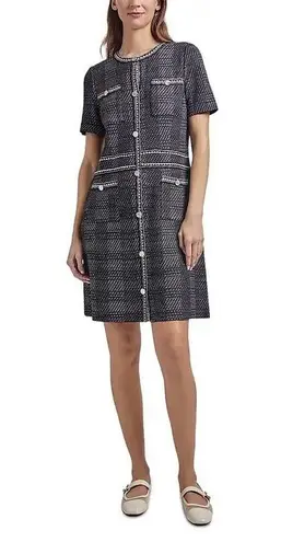Misook Bold Plaid Tweed Knit Sheath Dress Short Sleeve Stretch Black White Sz S