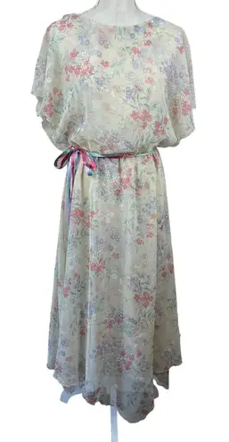 Jeri Modes Vintage 70s Sheer Chiffon Floral Midi Dress Womens M Pink Tie Waist Size M