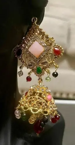 New! Pakistani Indian Asian Bollywood Women Ethnic Gold Large Jhumka Earrings Red