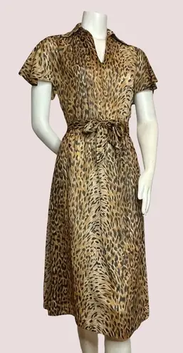 Vintage Sheer Leopard Print Dress Flutter Sleeves Animal Jungle 80s Collar Midi Size XS