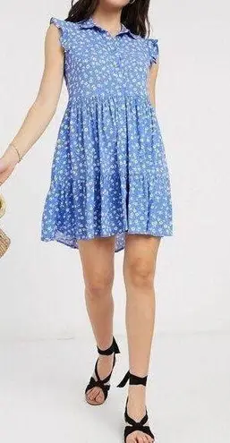 Stradivarius sleeveless shirt dress in blue floral print Sz Small Boho Ruffles