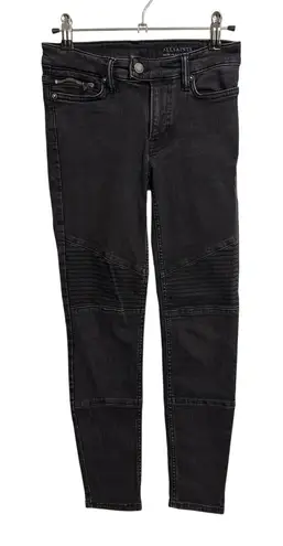 ALLSAINTS Jeans Womens 24 Black Biker Skinny Ribbed Knee Zip Pockets Moto