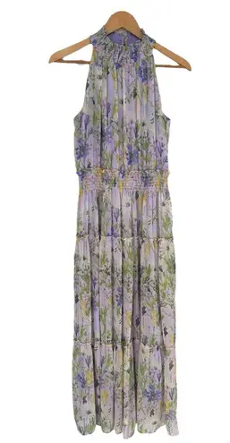 Taylor Serena Floral Chiffon Smocked Maxi Dress sz 8 High Ruffle Neck Sleeveless Purple