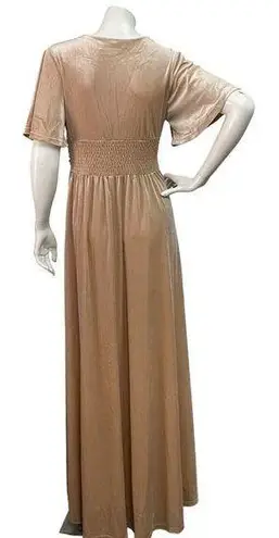 Baltic Born Women's Medium Tan V-Neck Bridesmaid Short Sleeve Velvet Maxi Dress