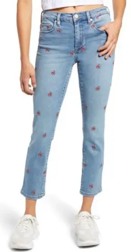 BLANK NYC The Madison Crop Blue Jeans Red Rose Print