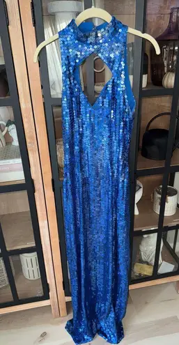 Vintage 1990s ShoMax Originals Sequin Cutout Prom Pageant Gown maxi dress cobalt Blue Size 6