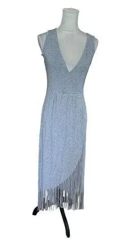 Kate & Mallory Y2K Womens Sleeveless Maxi Stretchy Dress Deep V Neck Fringe Hem Gray XS Western