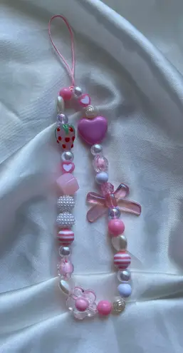 NEW Strawberry Heart Pearl Beaded Phone Lanyard Pink
