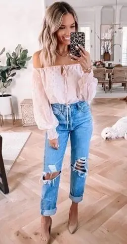 WAYF Nordstrom Pink Off-the-shoulder pink gold bow puff sleeve chiffon top Large