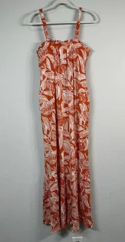 Serra Maxi Dress Sleeveless Coastal Tropical Print Orange Womens L Gauze Pockets