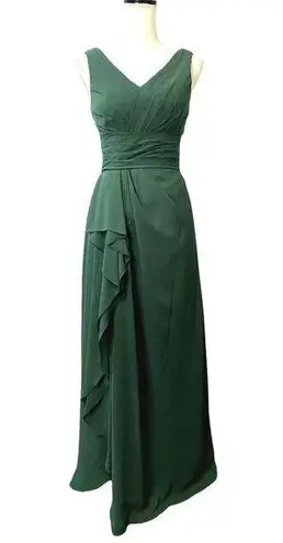 Azazie Size 4 Formal Dress Maxi A Line Empire Pleated Waist V Neck & Back Green