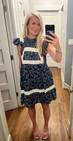 SEA NEW YORK Dark Blue Floral Cotton Lace Trimmed Tilly Tunic Dress Size 14