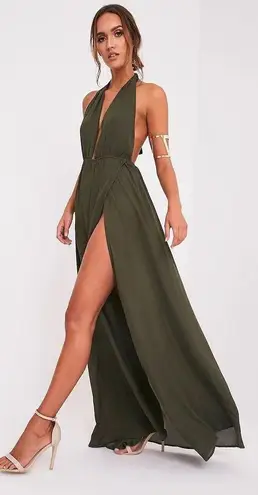 Pretty Little Thing Alina Khaki Plunge Maxi Dress