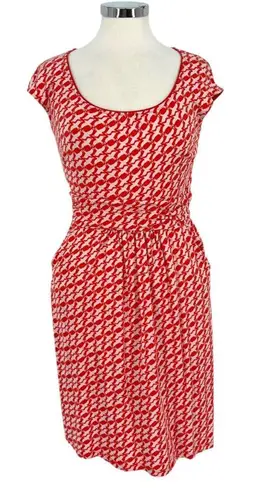 Boden Margot Red White Bird Print Dress Short Sleeve Scoop Neck Size 8 L