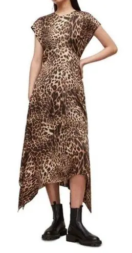 All Saints Gianna Kiku Leopard Animal Print Asymmetric Midi Dress