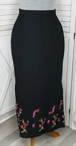 British Khaki Beaded Floral Botton Twill Pencil Maxi Skirt Black 10