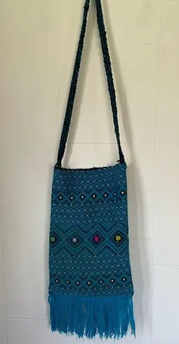 Blue Knit Crossbody Purse boho hippie festival bag elephant charm beads fringe
