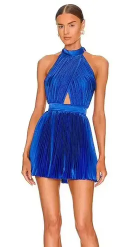 L’IDEE Renaissance Moroccan Blue Pleated Satin Crisscross Halter Mini Dress NWT Size 8