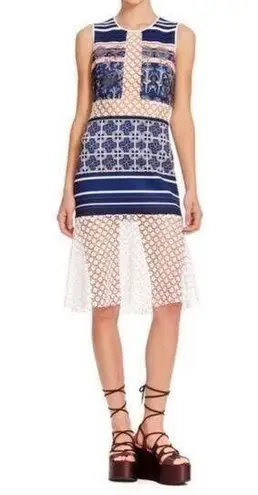 Clover Canyon Lace Inset Neoprene Marine Garden Floral Midi Dress Large Cocktail