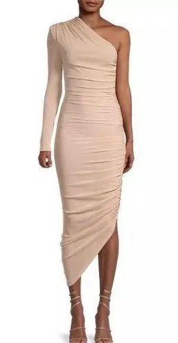 Misha Collection MISHA Tansy Ruched Sparkle Mesh Midi Dress in Champagne