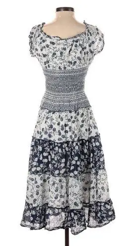 Mlle Gabrielle Mixed floral print boho smocked shirred midi maxi patchwork navy white dress