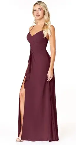 Azazie NWT EMERALDA-Line Ruffled Chiffon Floor-Length Dress Cabernet Size A8