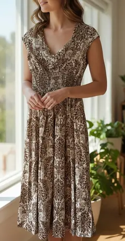 NWT ~ Brown & White Short Sleeve V Neck Flowy Dress ~ Women's Size MEDIUM