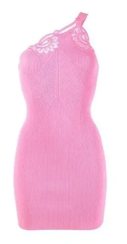Self Portrait NWT One Shoulder Ribbed Knit Mini Dress Pop Pink Large