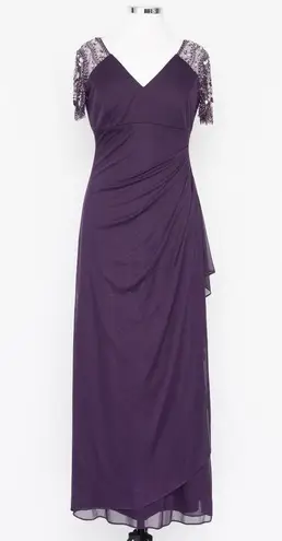 XScape Evenings. Petite "Lana" Long V-neck Beaded Flutter Sleeve Dress.