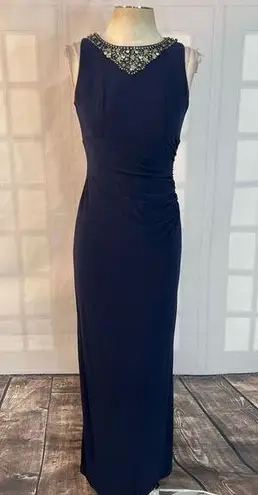 Eliza J Jeweled Neckline Sleeveless Side Ruched Navy-Blue Long Gown Size 4