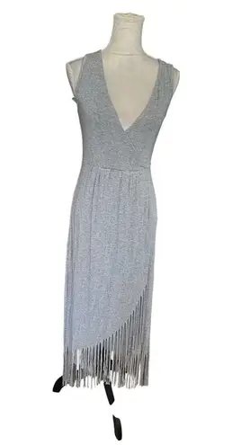 Kate & Mallory Y2K Womens Sleeveless Maxi Stretchy Dress Deep V Neck Fringe Hem Gray XS Western