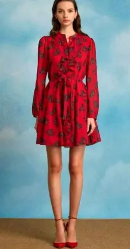 Saloni Tilly Ruffle Bib 100% Silk Long Sleeve Dress in Cherry Bows Red