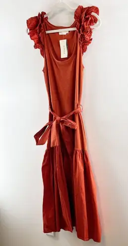 Nation Ltd Everly Frilly Ruffle Strap Tiered Cotton Midi Dress Cayene Red Small