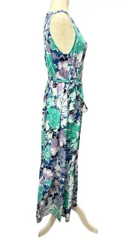Cuddl Duds Maxi Dress Flexwear Scoop-Neck Belt Blue Spring Floral Medium