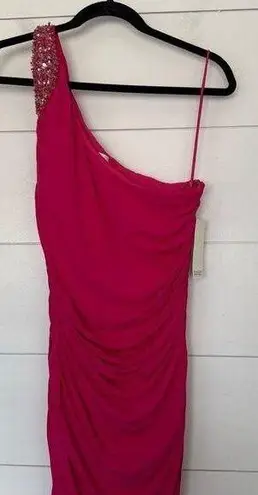 Badgley Mischka Women’s 14 Hot Pink Ruched One Shoulder Jeweled Dress Maxi New