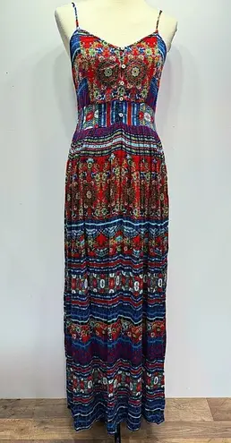 Patrons of Peace Red Blue Yellow Boho Print Ruched Maxi Sundress Size M