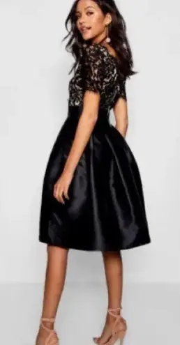 Lucy Wang Fay Eyelash Lace Taffeta Pleated Skater structured skirt Short Sleeve V-Neck Dress Sz XL