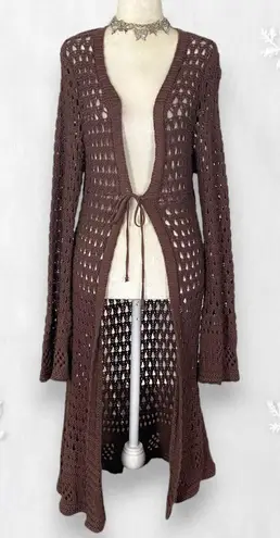 Early 2000's Boho Whimsygoth Front Tie Brown Knitted Knit Crochet Cardigan S M Size M