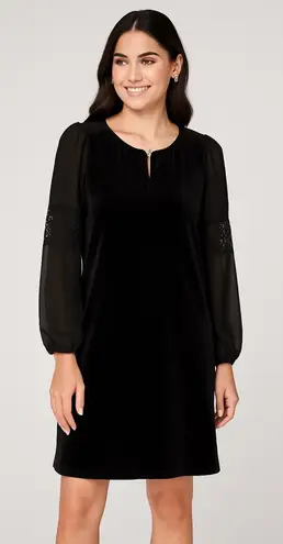 Ny Collection Petite Medium Black Velvet Shift Dress Sheer Lace Sleeve NWT