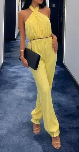 Alamour The Label Solange Yellow Sequin Halter Jumpsuit Style NM2154 Size XL