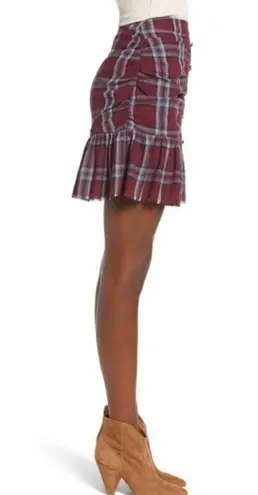 Moon River Anthropologie’s Mini Skirt Plaid Burgundy Cotton Ruffle Size S NWT