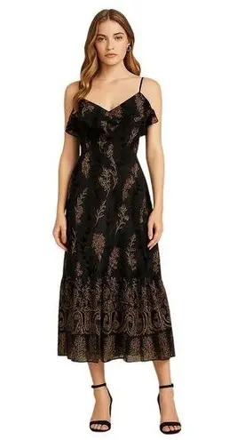 Lost + Wander Black Embroidered Ruffle Midi Dress Size L Boho Romantic Floral
