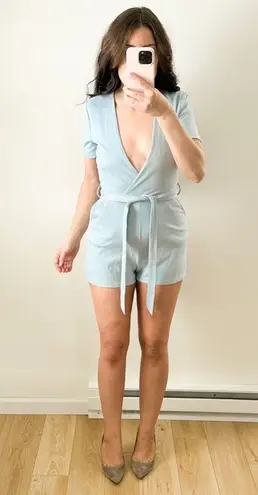 Missguided light pastel blue Plunge Deep V neck Faux Suede Romper